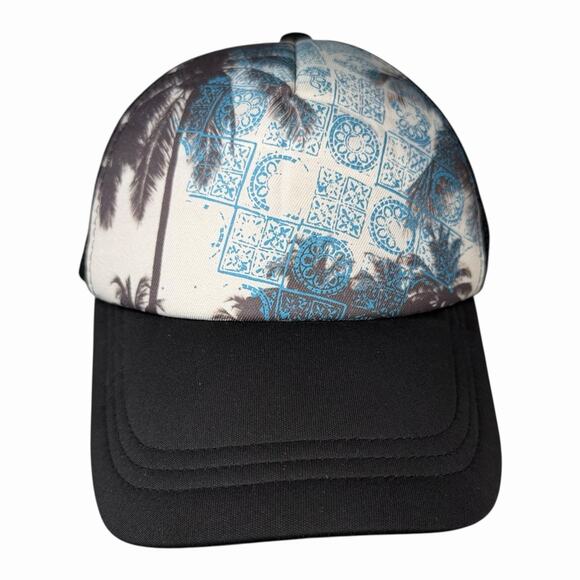 O’Neill Trucker Hat Snapback Black Mesh Palm Tree Blue Tile Surf Cap Adjustable - Picture 3 of 8